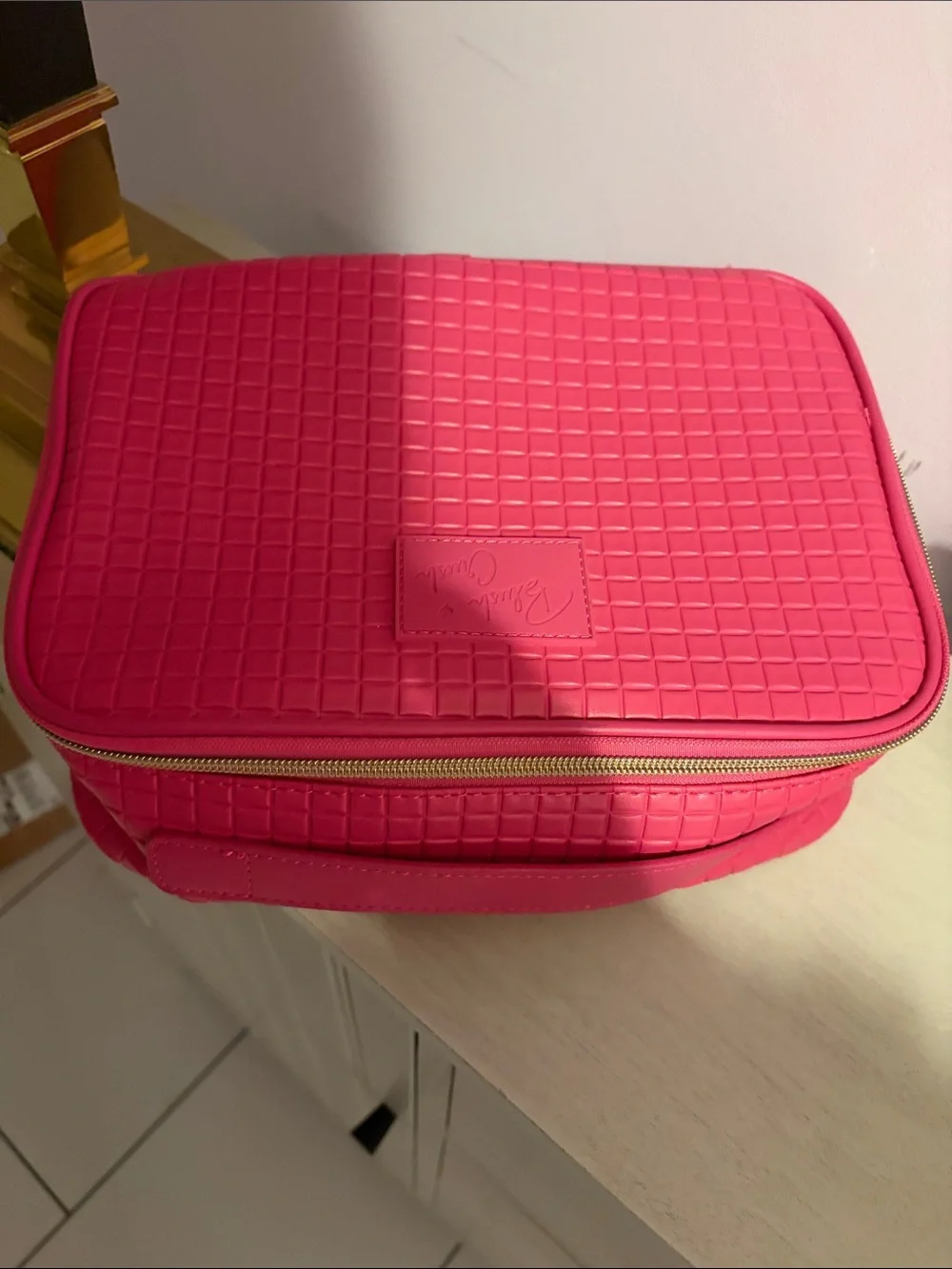 Quilted Pink Travel Cosmetic Case with Gold Zip